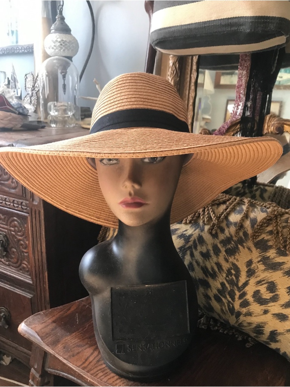 Vince Camuto Wide Brim Straw Sun Hat in Tan with Black Band